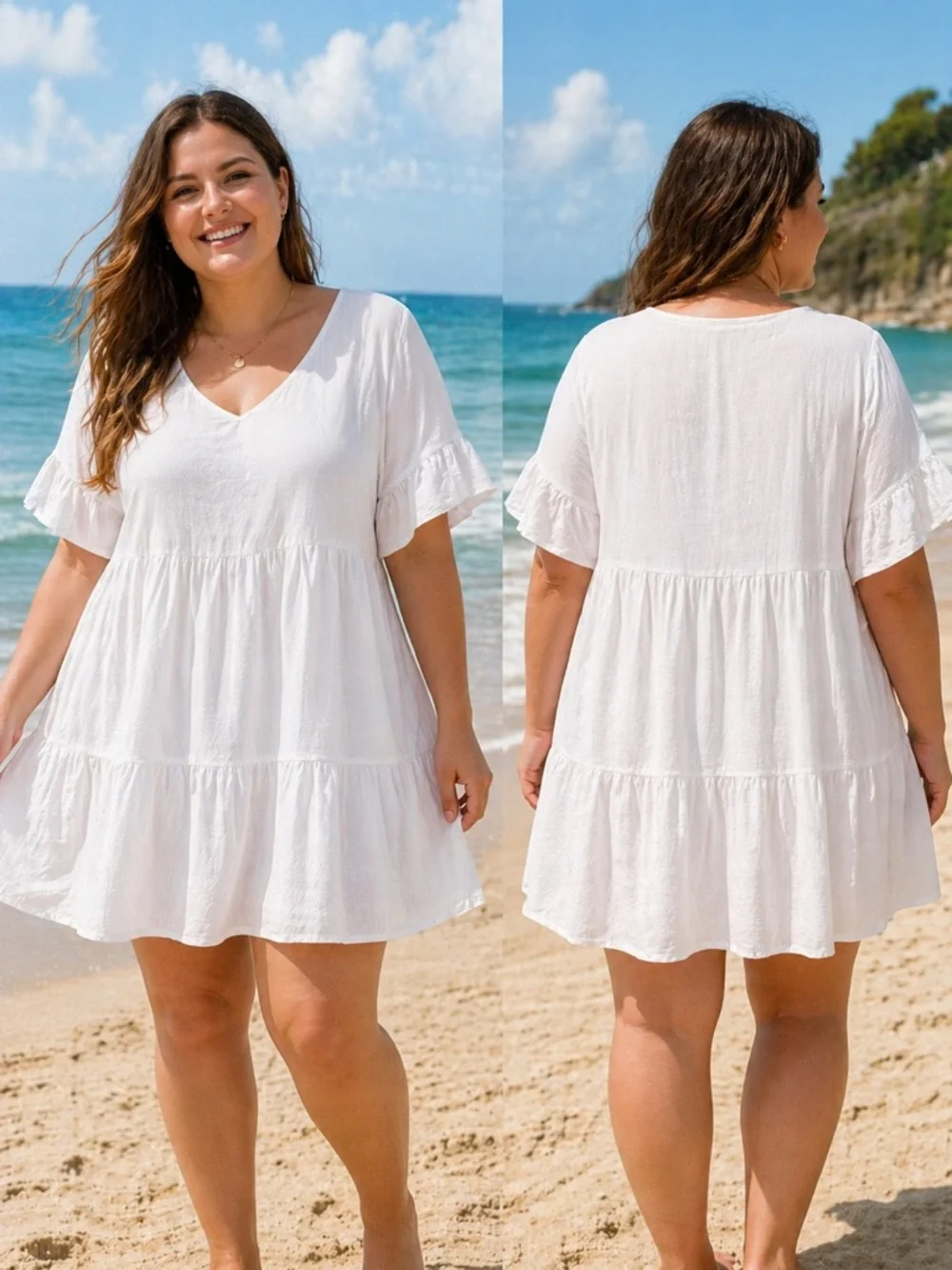Relaxed White V-Neck Tiered Swim Coverup Dress